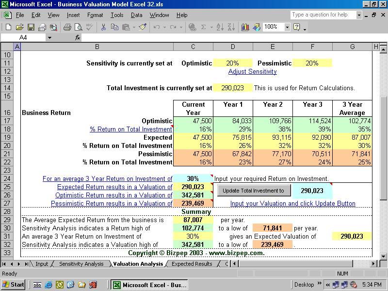 Business Valuation Model Excel Screenshot